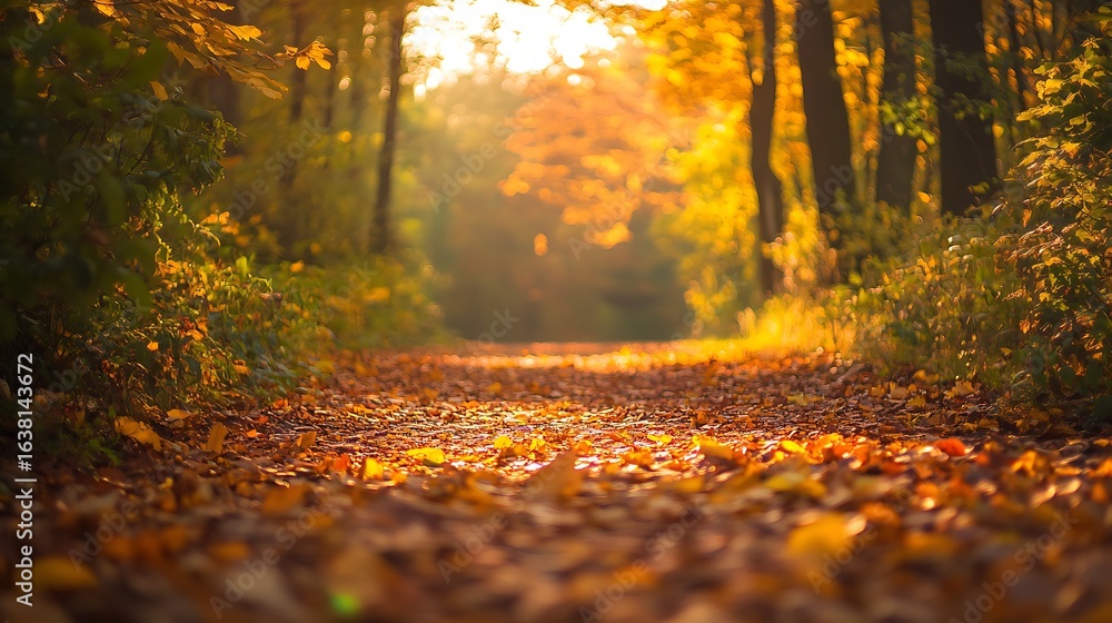 Obraz premium Walking Path Covered in Autumn Leaves Through Forest at Sunset