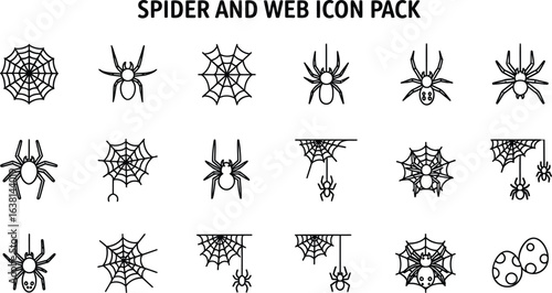An illustration of a spider and web icon pack in a vector format