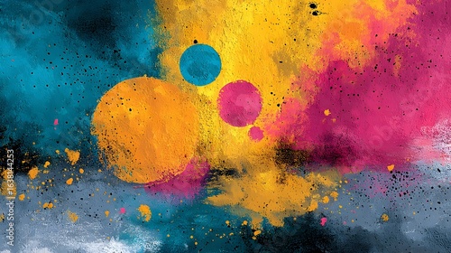 Vibrant abstract art painting featuring a dynamic composition of flowing multicolored splashes splatters and droplets on a dark background creating a sense of energy and creativity