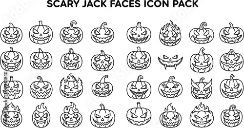 Collection of outlined jack o lanterns with various scary facial expressions