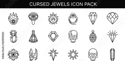 Illustration of cursed jewels icon pack with skulls and diamonds in black