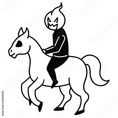 Black and white headless horseman riding a horse headless rider