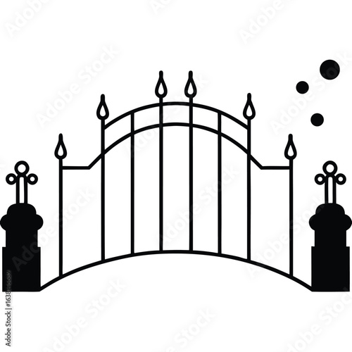 Black iron gate with decorative finials and circles