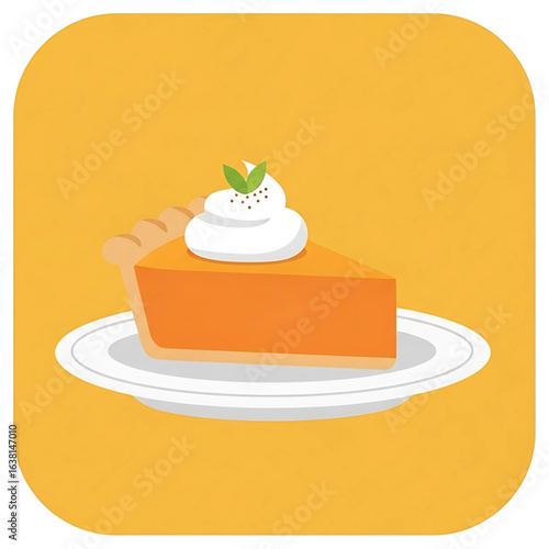 Delightful dessert: A vibrant orange pumpkin pie slice adorned with whipped cream on a white plate against a cheerful yellow background evokes feelings of autumn