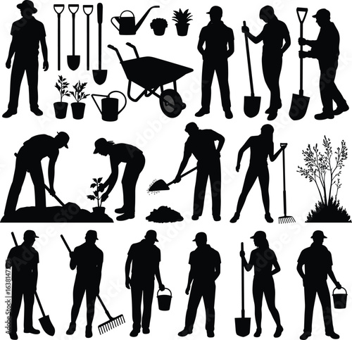 Gardener silhouettes with tools and plants, people working in garden, farming equipment and outdoor activities, agriculture and horticulture vector set, flat vector illustration