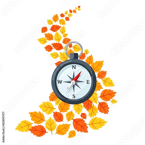 Navigating autumn's embrace: A compass guides through a winding path of vibrant foliage creating a sense of seasonal exploration and direction within a natural landscape