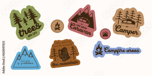 Colorful Wild Adventure Badge and Camping Sticker Set, Caravan, Campfire, Mountain, and Nature Designs