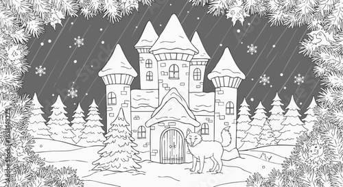 A winter fairytale scene with a majestic castle and a wild fox in a snowy forest. Black and white line art illustration.