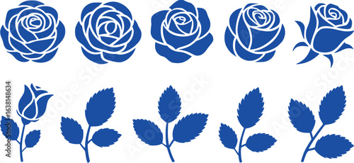 Elegant Blue Rose Collection Decorative Floral Elements for Creative Designs Various Rose Styles and Leaf Shapes Presenting a Cohesive Botanical Theme