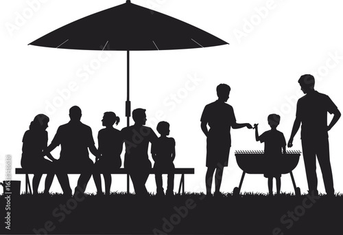 Family and friends enjoying outdoor barbecue picnic, sitting under umbrella, grilling food, summer gathering and leisure activity scene, flat vector illustration