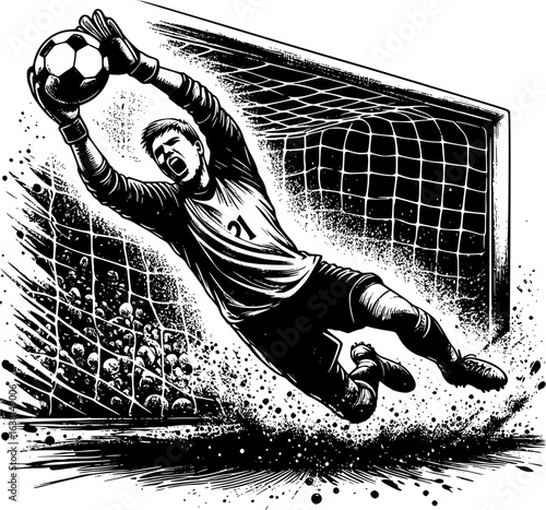 Vintage black and white ink illustration of a goalkeeper saving a ball with raw energy and passion
