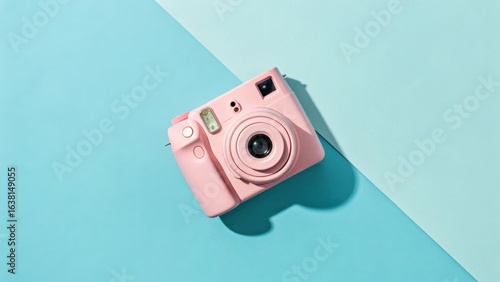 A pink instant camera casting a shadow on a blue background