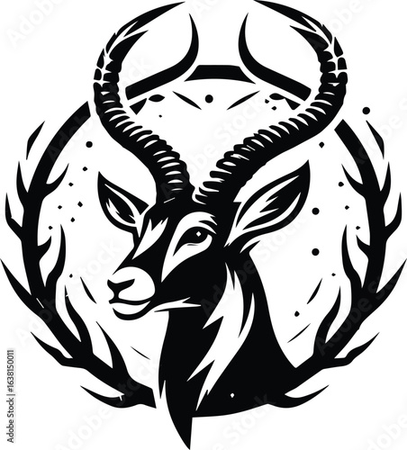 Stylized Black and White Antelope Head Emblem