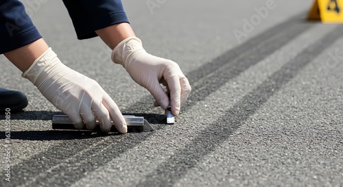 Closeup Of Gloved Hands Carefully Scraping Asphalt At A Crime Scene