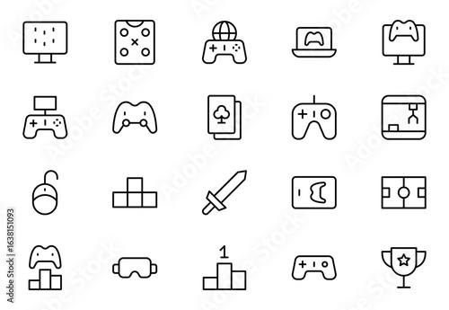 Gaming line icon set. Editable Stroke Icon Collection. Includes phone gaming, playstation, shop gaming, steer, store, and More. Outline icons vector collection.