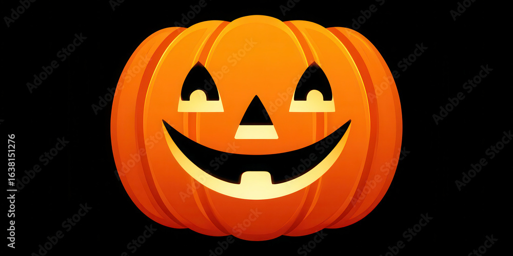 Naklejka premium Happy Halloween pumpkin with glowing carved face on black background