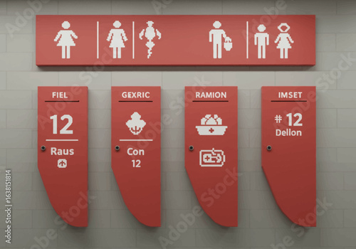 Modern red wall signs featuring diverse white pictograms and room numbers, indicating various sections with unique symbols.