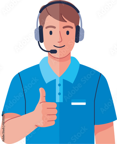 Friendly male call center agent with a headset and blue polo shirt giving a thumbs-up gesture.