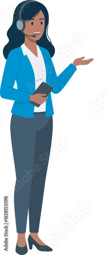 Smiling female call center agent in a blue blazer and headset gesturing while holding a device.
