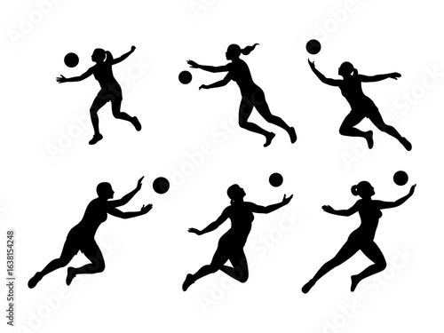 Wallpaper Mural A collection of black silhouettes of women playing volleyball, showcasing various action poses such as jumping, running, and reaching for the ball. Torontodigital.ca