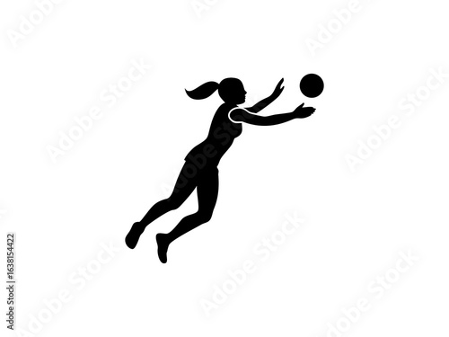  Female Netball Player in Mid-Air Catch and Silhouetted Female Volleyball Player in Action