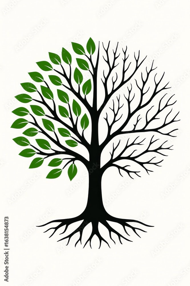 Fototapeta premium Dual-season tree illustration with green leaves and bare branches, symbolizing change, balance, sustainability, and renewal.