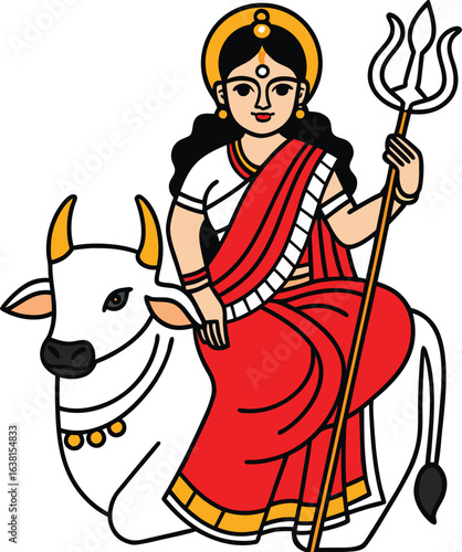 Hindu Goddess Parvati Riding a White Cow with Trishul Illustration
