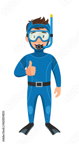 Happy young man in a blue wetsuit and snorkeling gear giving a thumbs up. Cartoon diver character ready for a water adventure.
