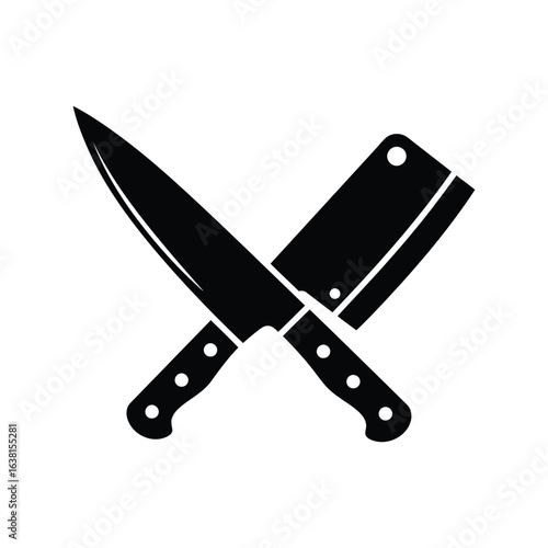 Crossed butcher knife and chef knife vector illustration kitchen cutlery cooking tools food preparation restaurant equipment