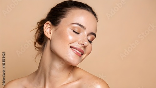 Portrait of a smiling woman with bare shoulders, glowing skin, and eyes closed against a neutral background.
