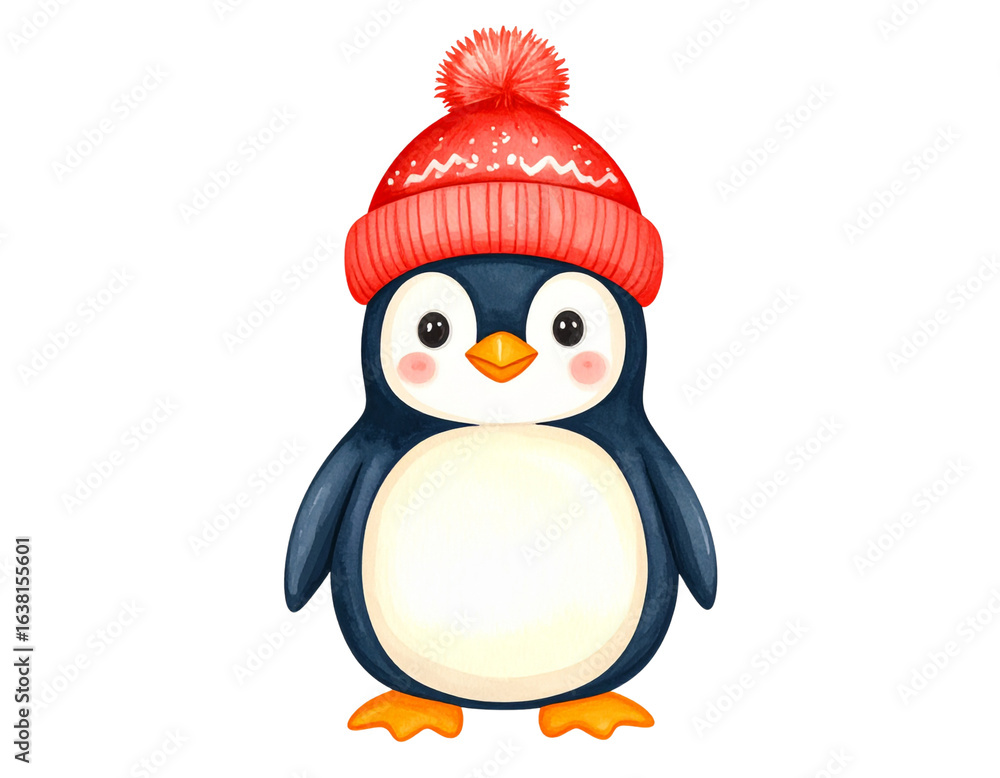 Naklejka premium Adorable Penguin Wearing Red Knitted Winter Hat, isolated on transparent background PNG”