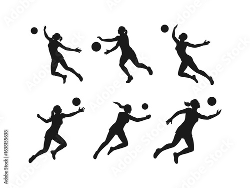 A collection of black silhouettes of women playing volleyball, showcasing various action poses such as jumping, running, and reaching for the ball.