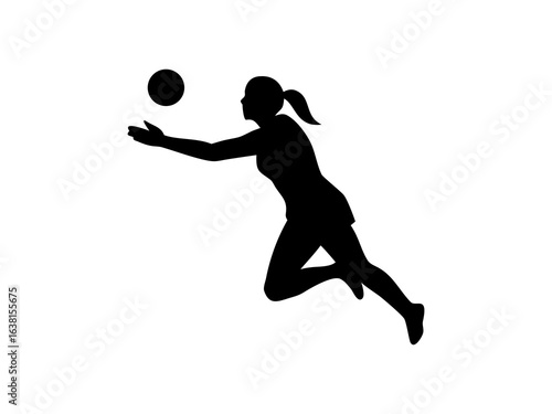 Female Netball Player in Mid-Air Catch and Silhouetted Female Volleyball Player in Action