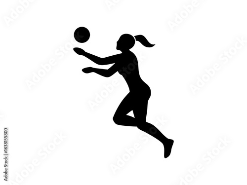 Female Netball Player in Mid-Air Catch and Silhouetted Female Volleyball Player in Action
