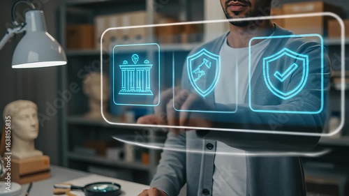 Man leveraging advanced digital security on a holographic interface for cultural heritage preservation within an archive, protecting valuable artifacts and data.