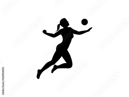  Female Netball Player in Mid-Air Catch and Silhouetted Female Volleyball Player in Action