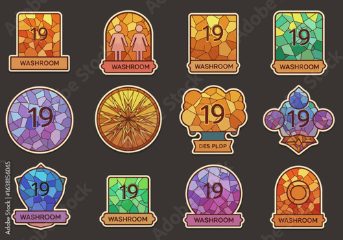 A collection of decorative, stained-glass style icons featuring the number 19 and various designs, including washroom symbols and abstract patterns.