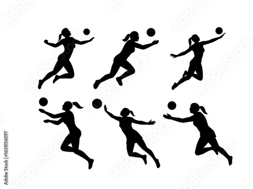 A collection of black silhouettes of women playing volleyball, showcasing various action poses such as jumping, running, and reaching for the ball.
