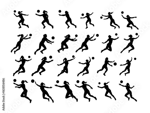 A collection of dynamic black silhouettes of women playing volleyball.