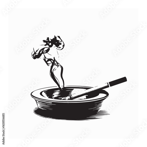 Gray Ashtray with Smoking Cigarette Vector Illustration for Tobacco and Smoking Concept