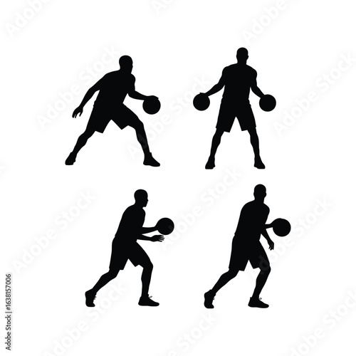 Basketball player silhouettes dribbling and shooting action poses sports graphic