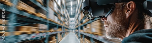 Wallpaper Mural A person wearing a virtual reality headset explores a warehouse filled with boxes, showcasing the blend of technology and logistics, AI-integrated Labour Day Torontodigital.ca
