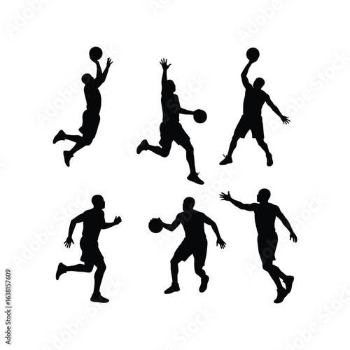 Basketball player silhouettes dynamic action poses for sports design