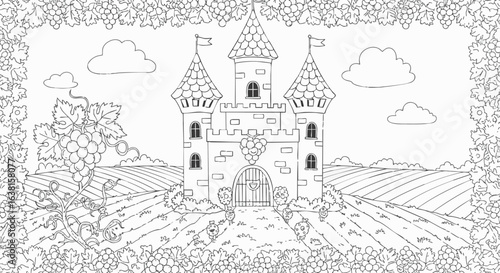 Line art illustration of a fairytale castle nestled in a vast vineyard, framed by intricate grapevines, for a coloring page