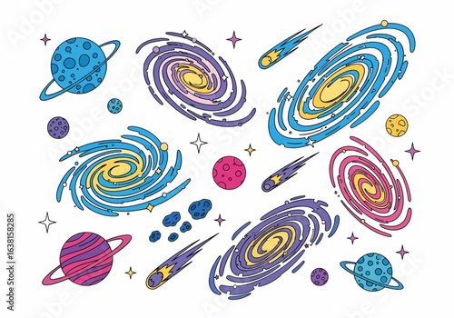 Flat vector colorful planets and galaxies in space