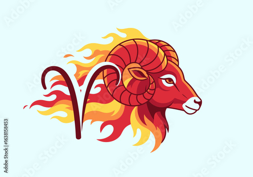 Pixel art ram head with fire and zodiac symbol Aries