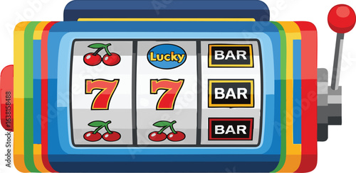 Colorful slot machine illustration with lucky seven and cherry symbols, a concept of casino gambling, chance, and winning a jackpot