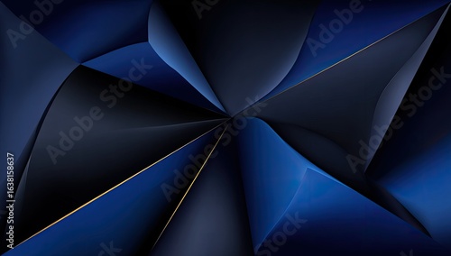 Abstract geometric design with deep blue and black shapes and gold lines