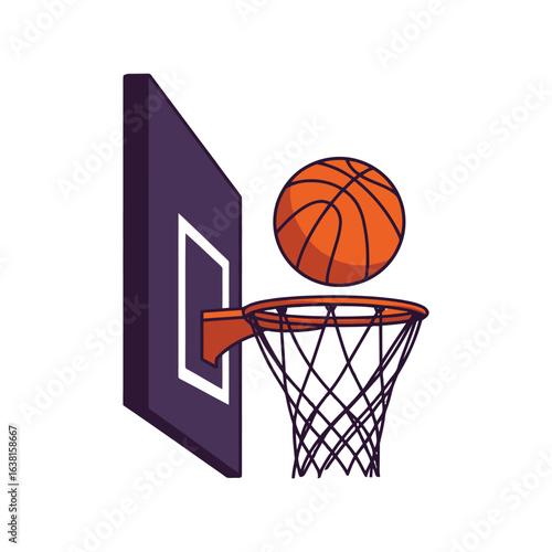 Basketball hoop with ball scoring a slam dunk sports game action athletic competition