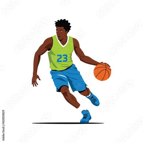 Basketball player dribbling a ball vector illustration, athletic man in action, sports and fitness graphic